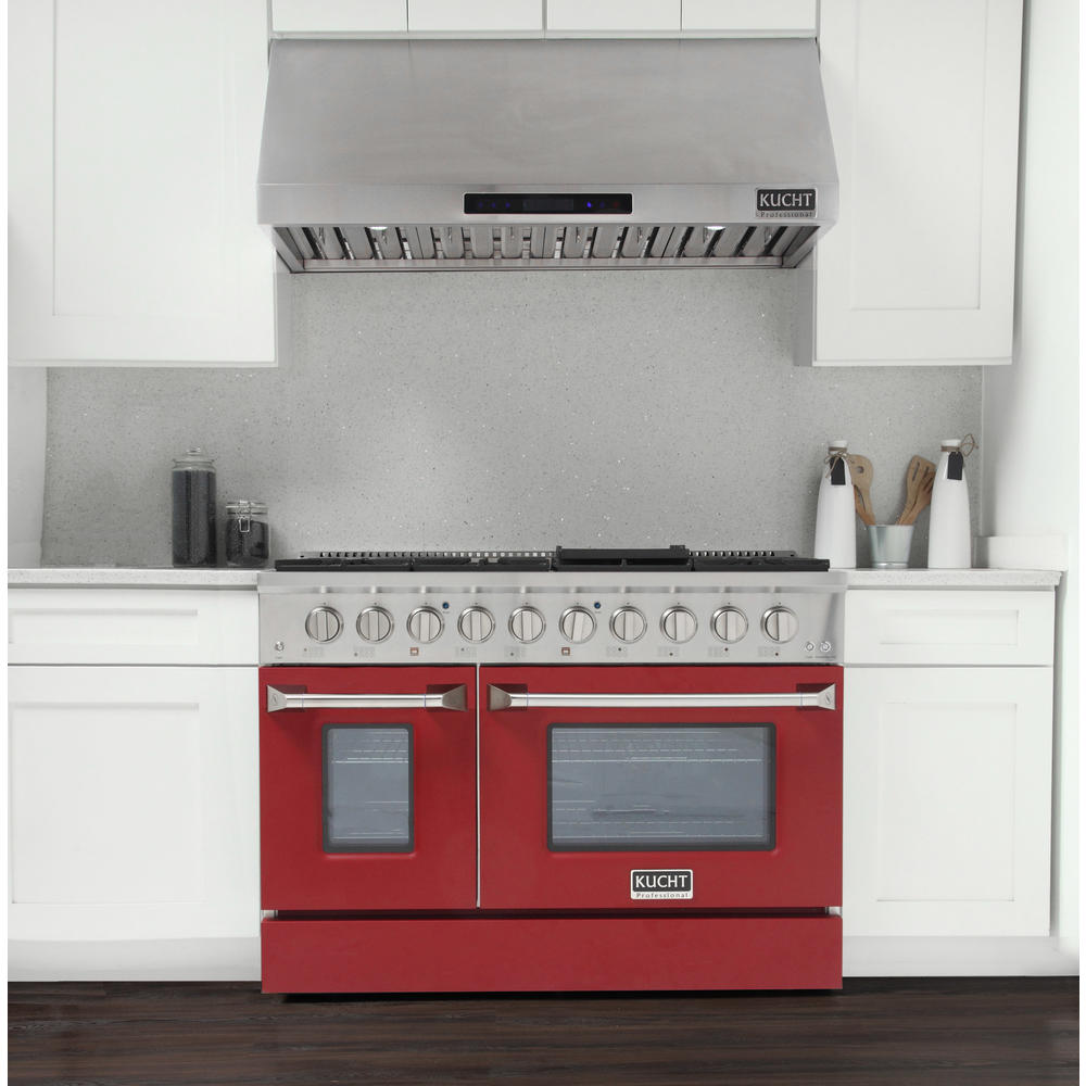 KUCHT Professional 48 in. 6.7 cu. ft. Natural Gas Range with Sealed Burners, Griddle/Grill and Two Ovens with Red Oven Door