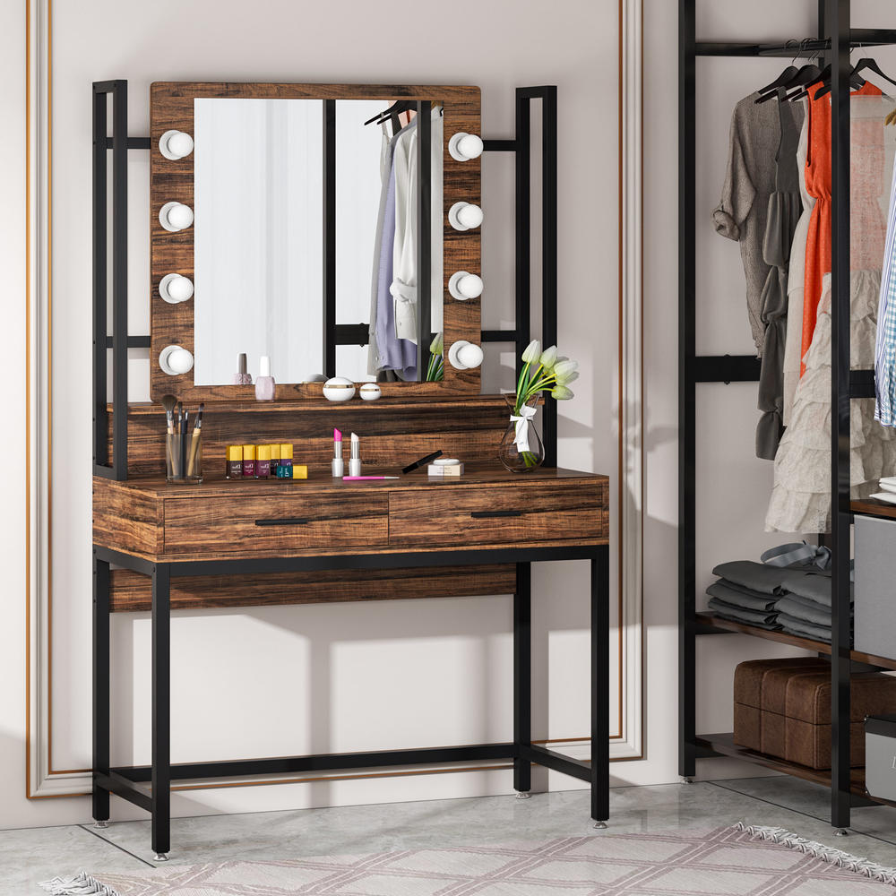 Tribesigns Vanity Table with Lighted Mirror, Industrial Makeup Vanity Dressing Table with 8 LED Lights and 2 Drawers