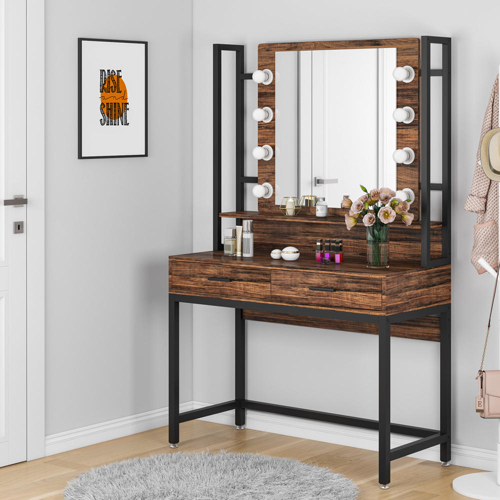 Tribesigns Vanity Table with Lighted Mirror, Industrial Makeup Vanity Dressing Table with 8 LED Lights and 2 Drawers
