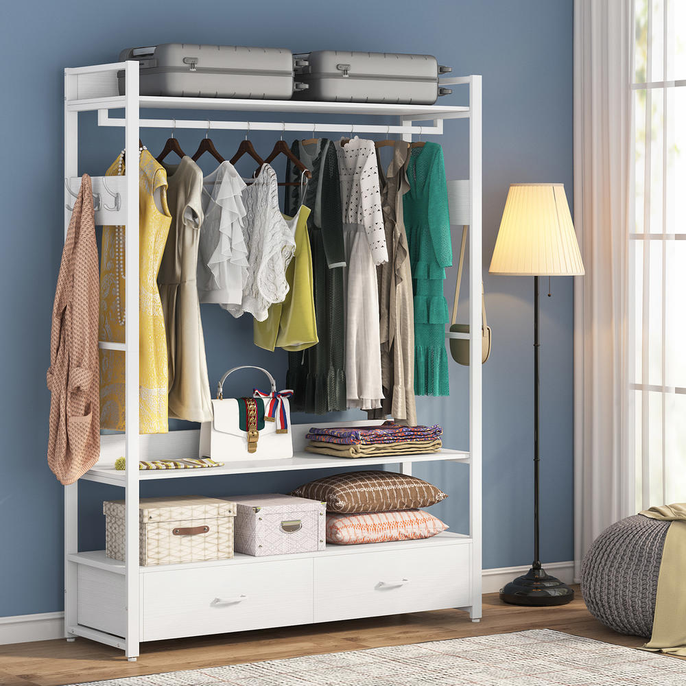 Tribesigns Freestanding Clothes Rack Shelves, Closet Organizer with Shelves Drawers and Hooks