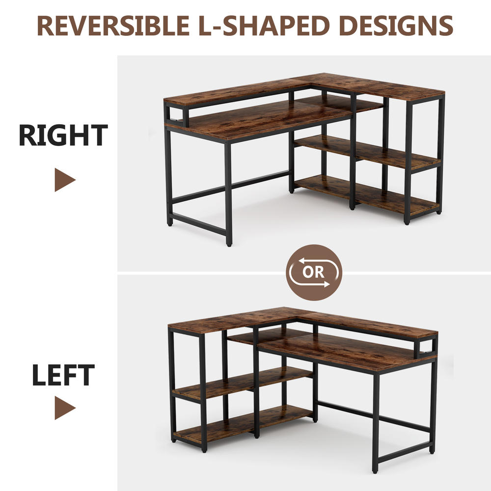 Tribesigns Reversible L Shaped Computer Desk with Storage Shelf, Industrial 55 Inch Corner Desk with Shelves and Monitor Stand