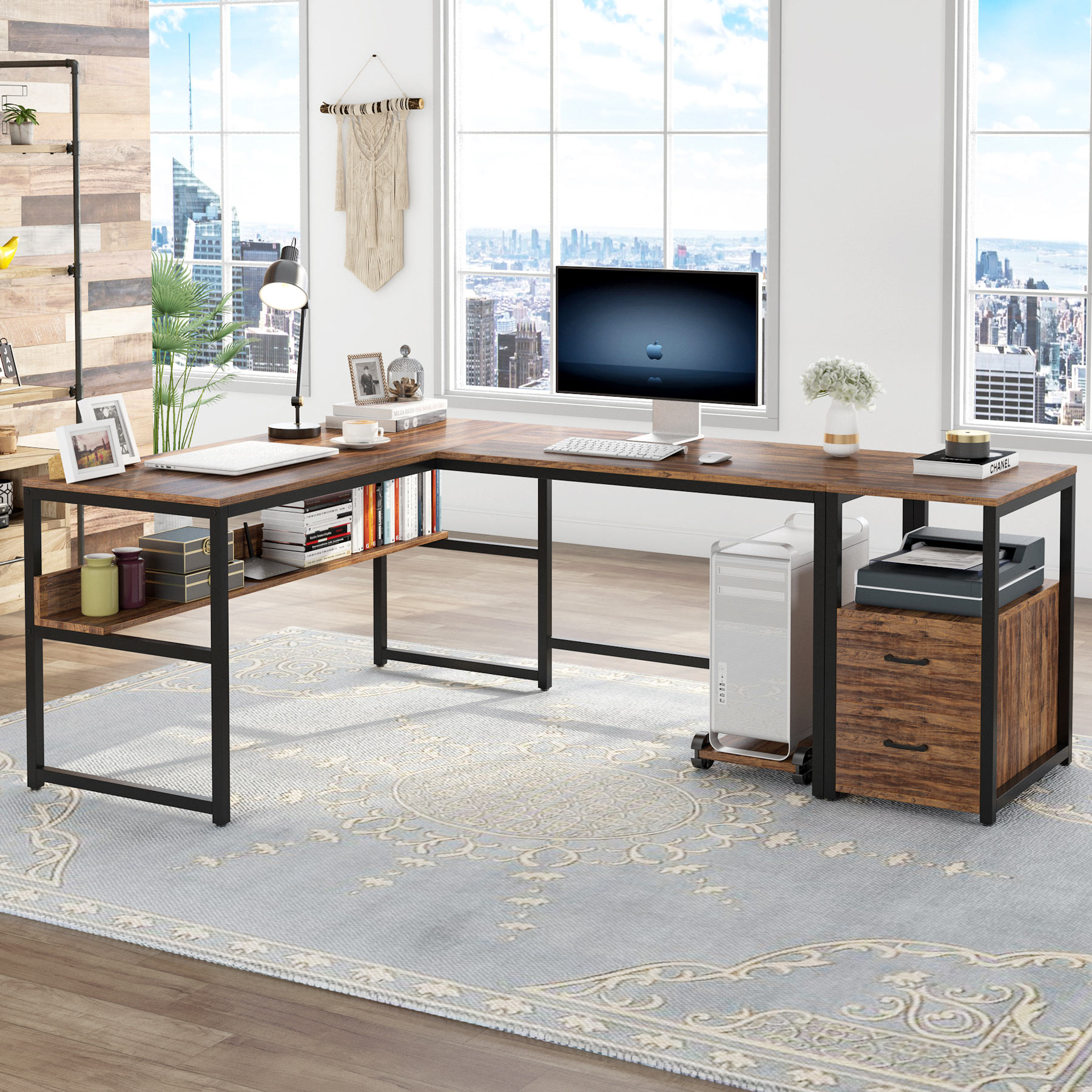 Tribesigns 70 Inch Modern L-Shaped Desk with Bookcase and Cabinet