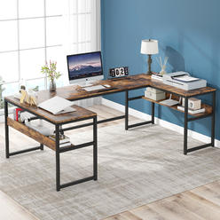Tribesigns U- Shaped Desk with Bookshelf and Tilting Drawing Board