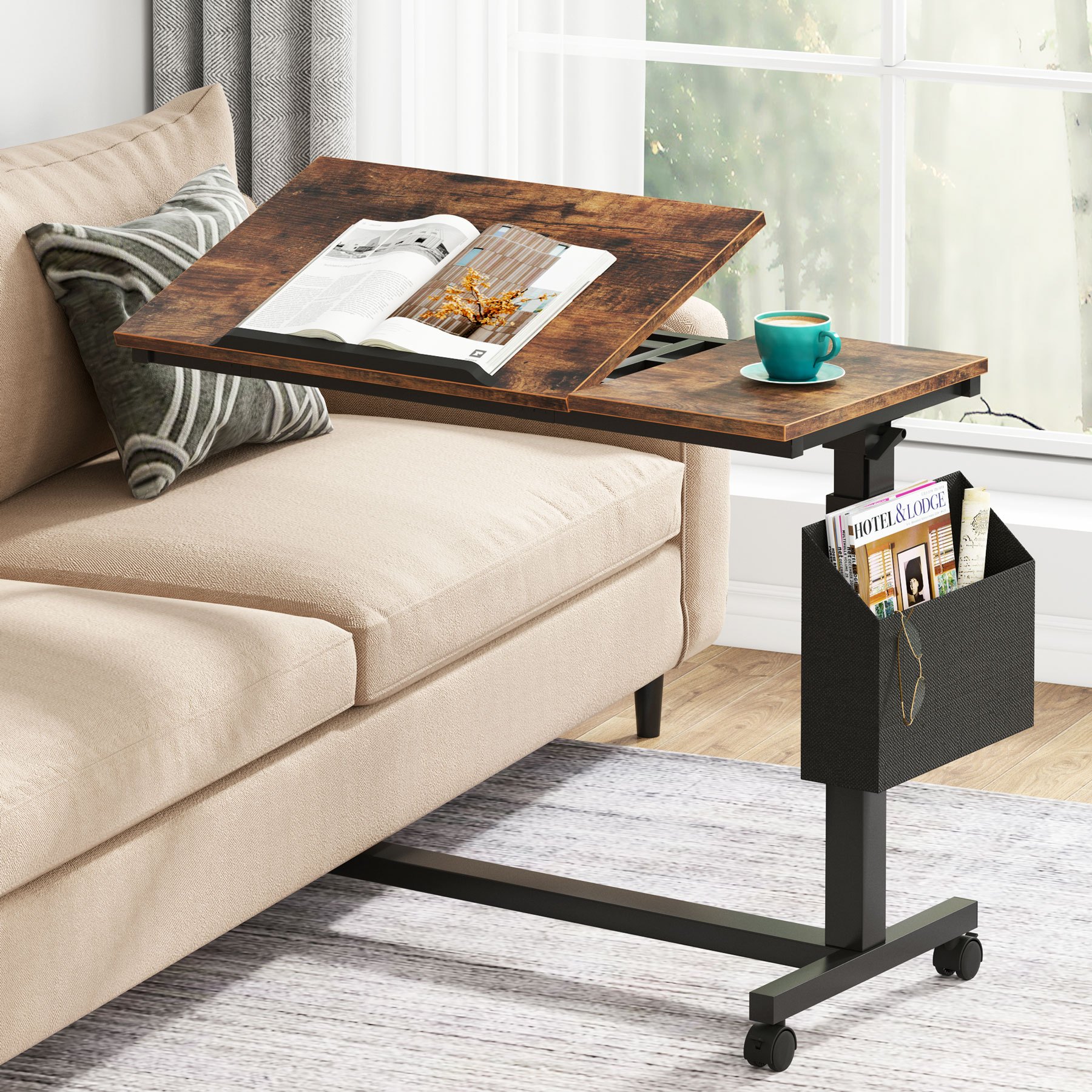TribeSigns Tribesigns Height Adjustable C Shaped End Table with Wheels