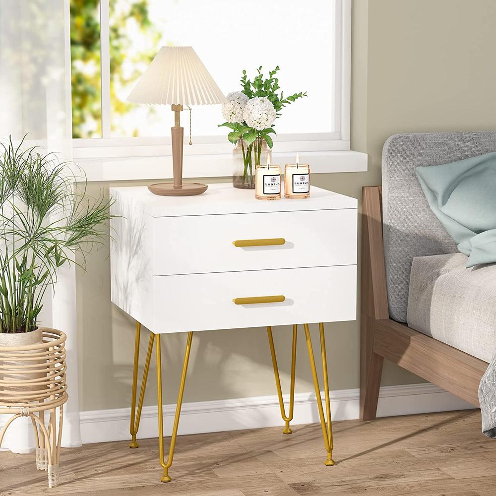 Tribesigns White and Gold Night Stand Bed Side Table with Metal Legs