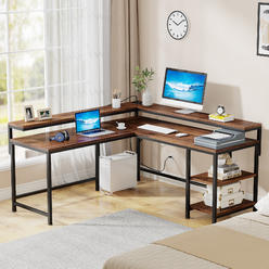 Tribesigns L Shaped Desk with Power Outlets, Corner Desk L Shaped Computer Desk with Monitor Stand and Storage Shelves