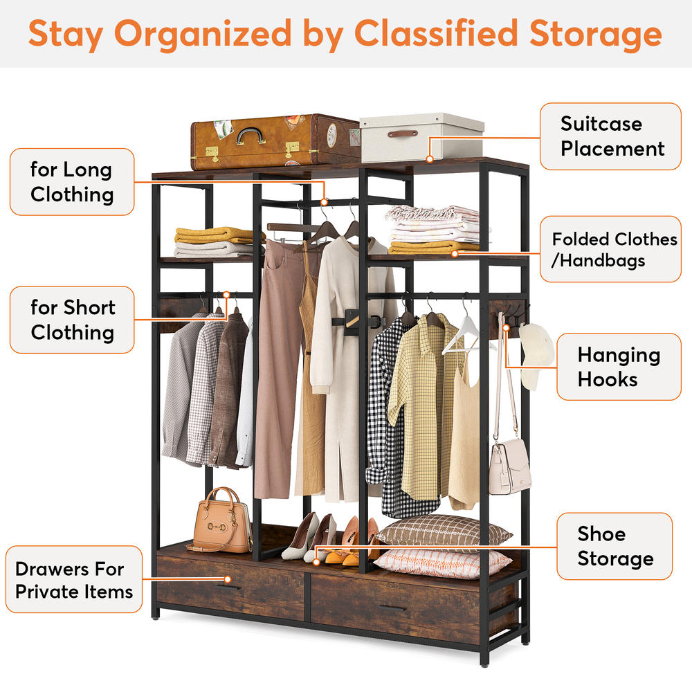 Tribesigns Freestanding Closet Organizer with 2 Drawers, Heavy Duty Garment Rack with Shelves and 6 Hooks
