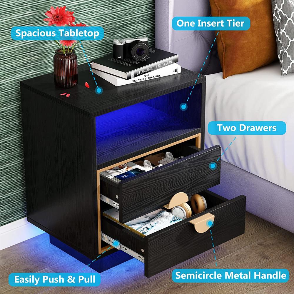Tribesigns Led End Tables, 2 Drawers Black End Table, Wood Side Tables Beside Sofa Table,Nightstands with LED Lights