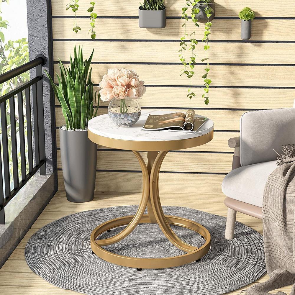 Tribesigns Round Metal End Table, Marble Side Table with 3C-Shaped Legs, Gold Accent Bedside Table Nightstand for Bedroom