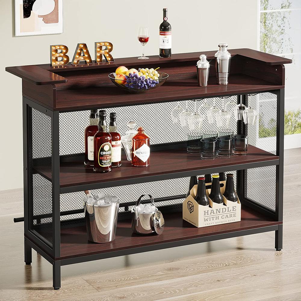 Tribesigns Industrial Home Bar Unit, 3 Tier Liquor Bar Table with Stemware Rack and Wine Storage