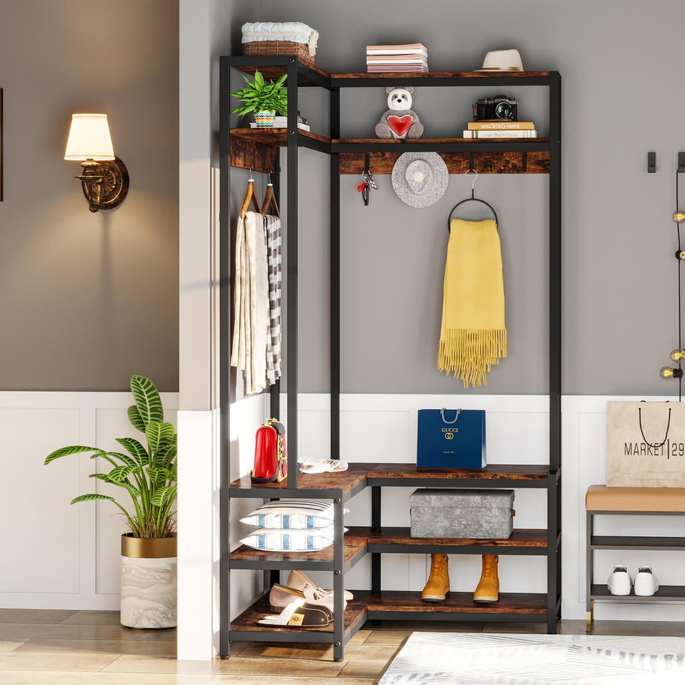 Tribesigns LShaped Hall Tree with Shoe Bench, Entryway Corner Coat