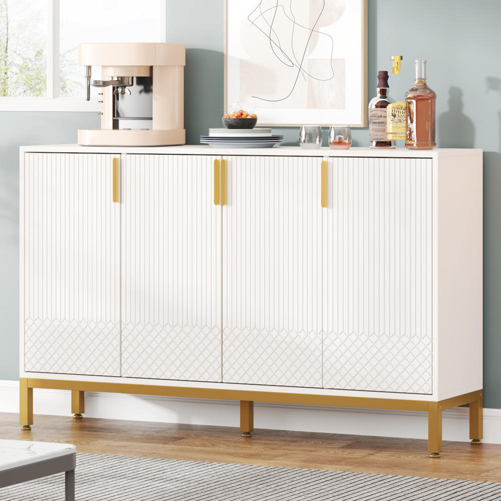 Tribesigns 59” Modern White Storage Cabinet, Sideboard Buffet Cabine with 4 Doors & Gold Metal Base