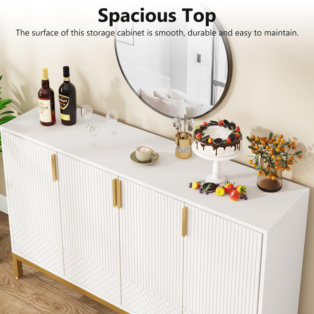 Tribesigns 59” Modern White Storage Cabinet, Sideboard Buffet Cabine with 4 Doors & Gold Metal Base