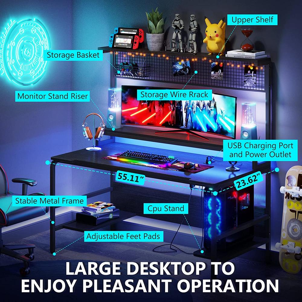 Tribesigns 55 Inch Gaming Desk with 2-Outlet & 2 USB Ports and Monitor Stand