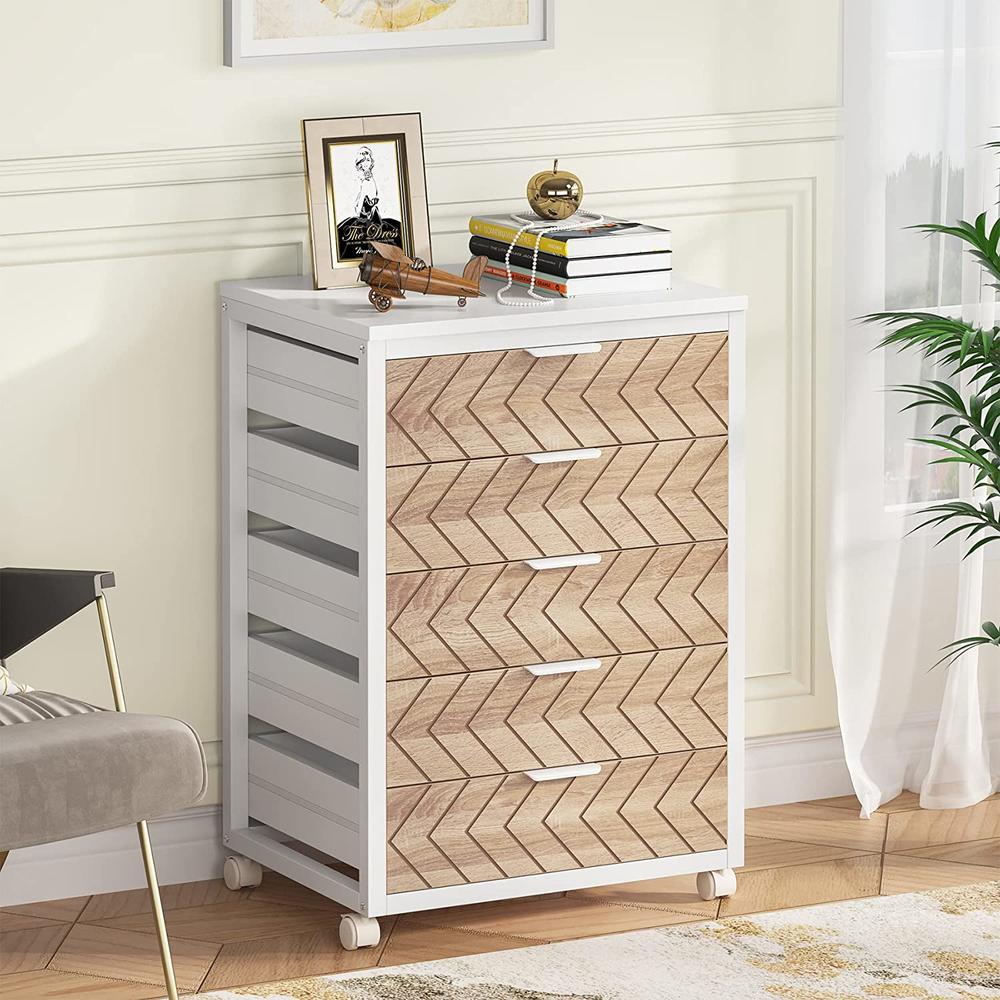Tribesigns 5 Drawer Chest, Wood Storage Dresser Cabinet with Wheels