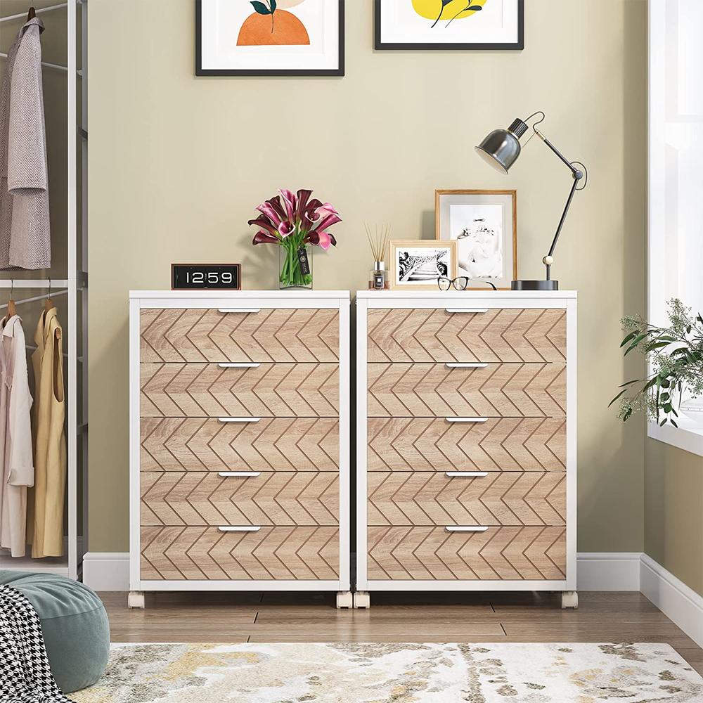 Tribesigns 5 Drawer Chest, Wood Storage Dresser Cabinet with Wheels