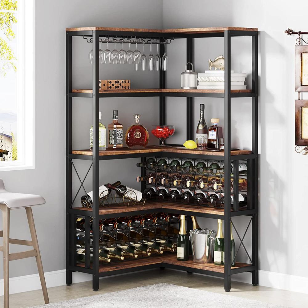 Tribesigns Large Corner Wine Rack, 5-Tier L Shaped Industrial Freestanding Floor Bar Cabinets for Liquor and Glasses Storage