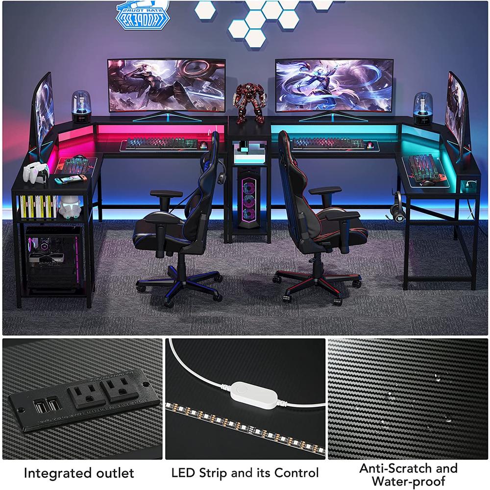 Tribesigns L-Shaped Gaming Desk with Power Outlets & LED Strips, L-Shaped Computer Desk with Storage Shelves