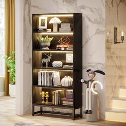 Tribesigns 70.8” Tall Bookcase Black Bookshelf, Large Bookcases Organizer with LED Lights