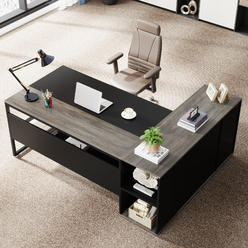Tribesigns 71 inch Executive Desk, L Shaped Desk with Cabinet Storage, Executive Office Desk with Shelves