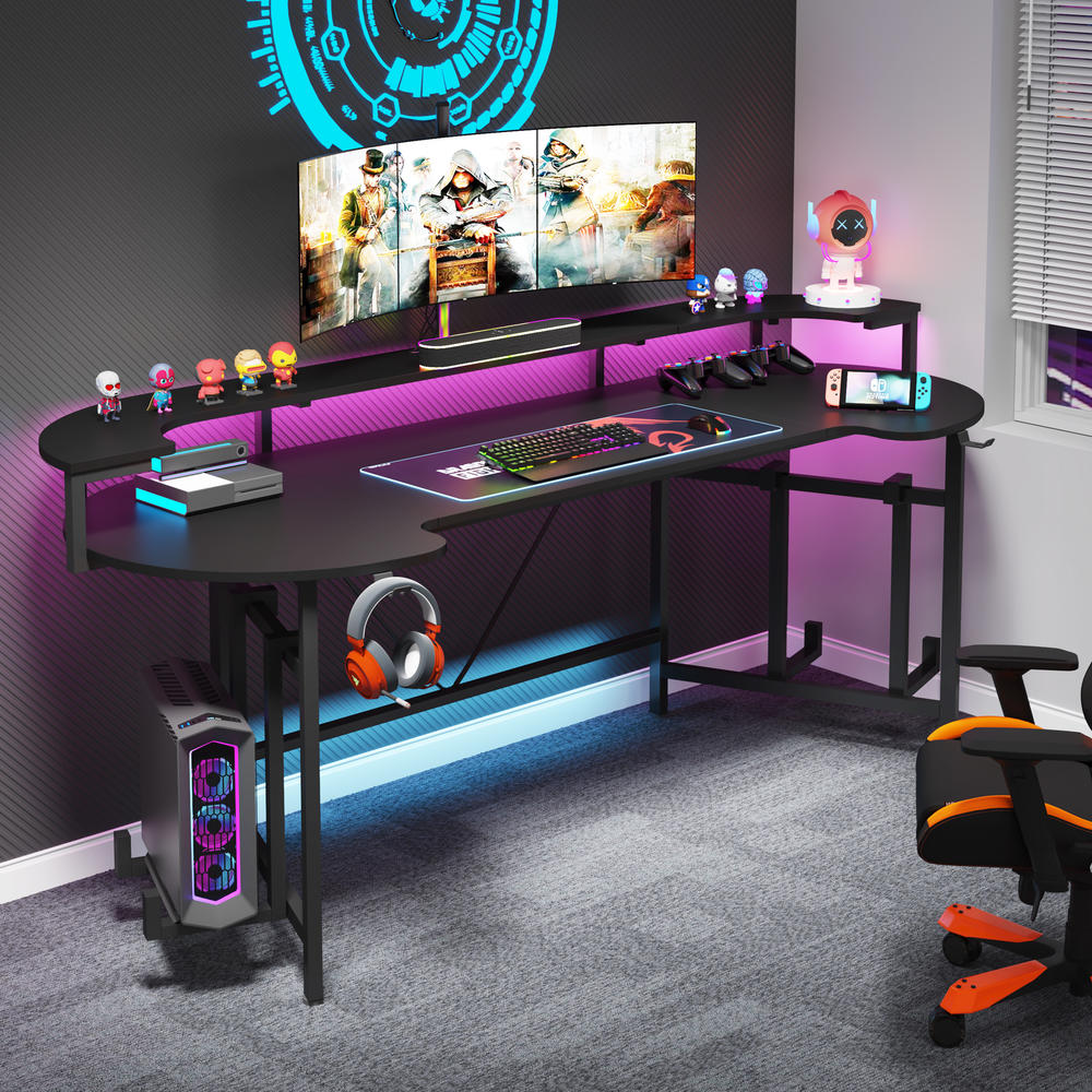 Tribesigns 75 Inch Gaming Desk with Monitor Shelf, Large PC Computer Desk with LED Lights, Gaming Table Gamer Desk