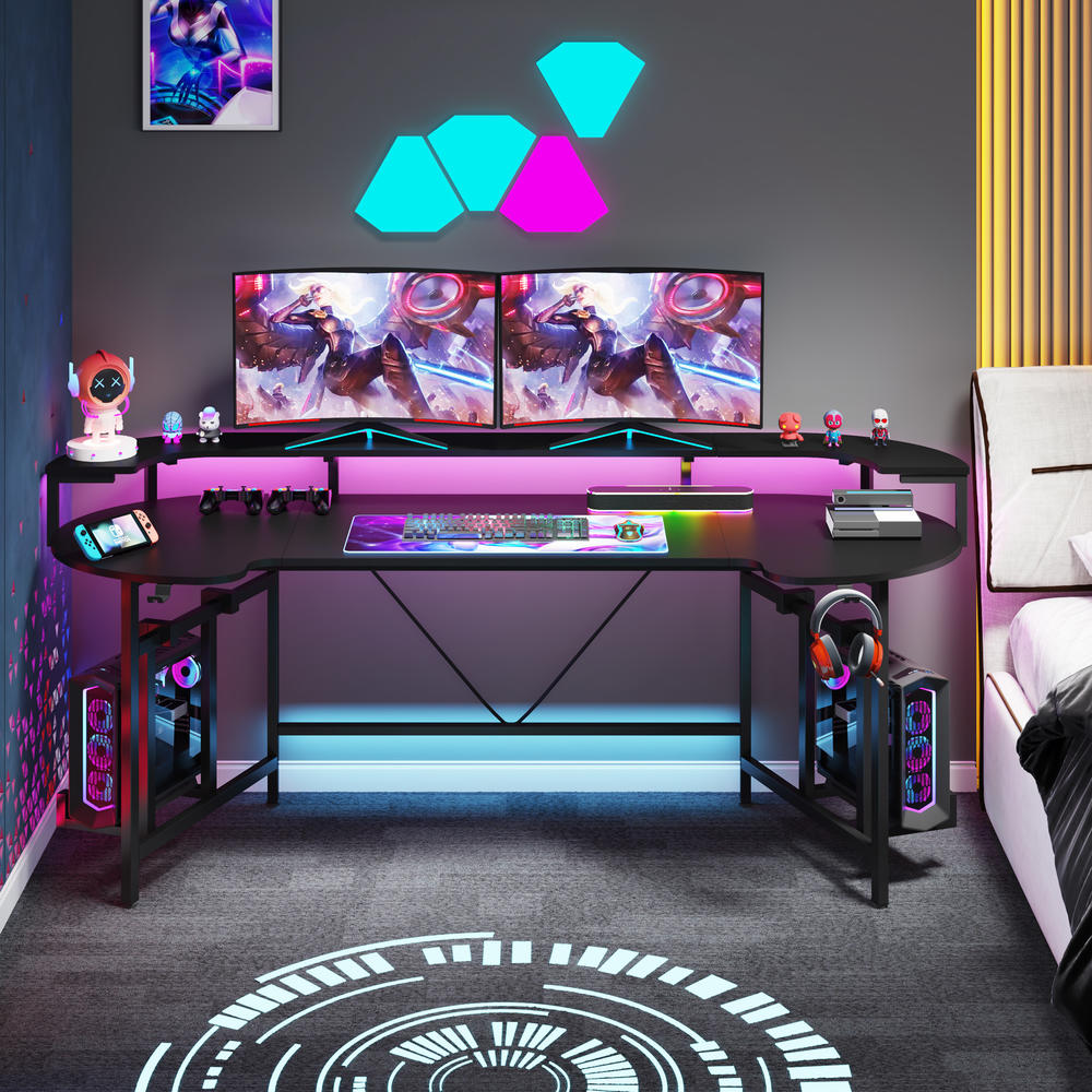 Tribesigns 75 Inch Gaming Desk with Monitor Shelf, Large PC Computer Desk with LED Lights, Gaming Table Gamer Desk
