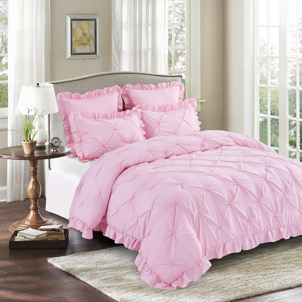 HIG 5 Piece All-Season Pinch Pleat Comforter Set - Scallop Fringe - Ruffle Lace - Chic Pleated Style