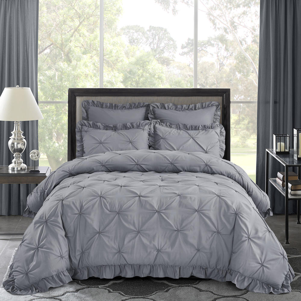 HIG 5 Piece All-Season Pinch Pleat Comforter Set - Scallop Fringe - Ruffle Lace - Chic Pleated Style