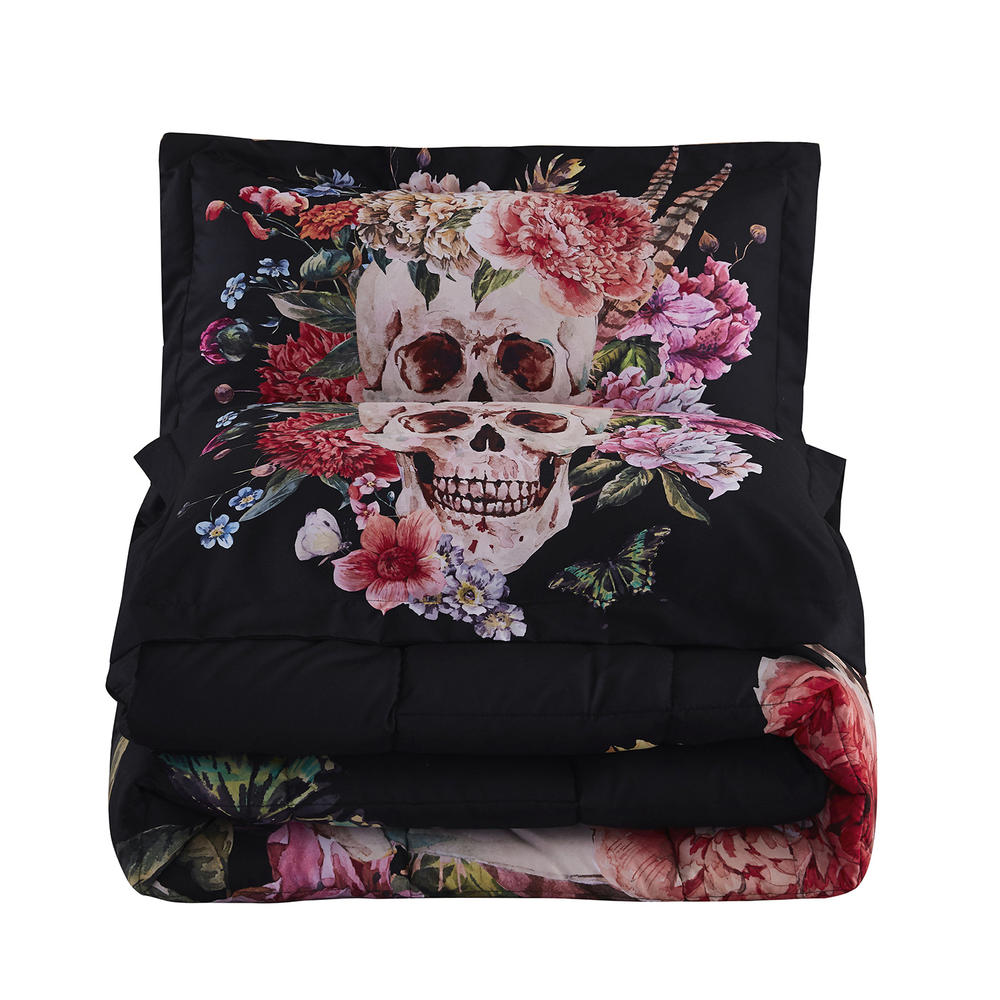 HIG 3D Print Skull Flower Themed Comforter Set - All Season Lightweight Box Stitched Comforter with Pillow Shams