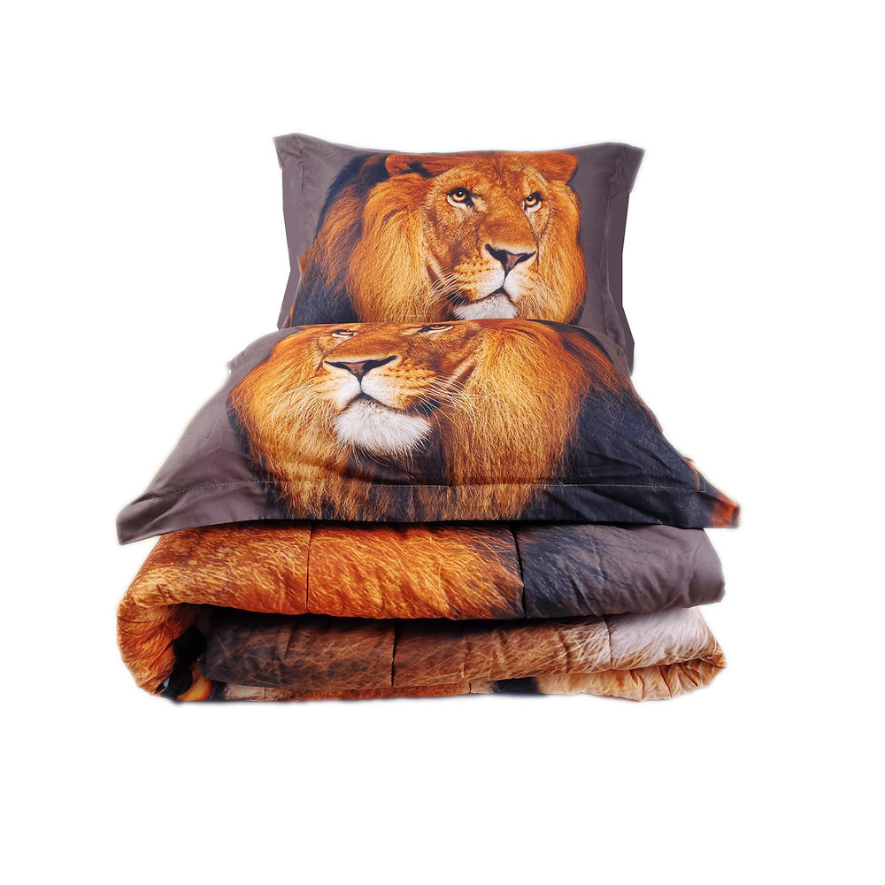 HIG 3D Print Lion Head Animal Themed Comforter Set All Season Lightweight Box Stitched Comforter with Pillow Shams