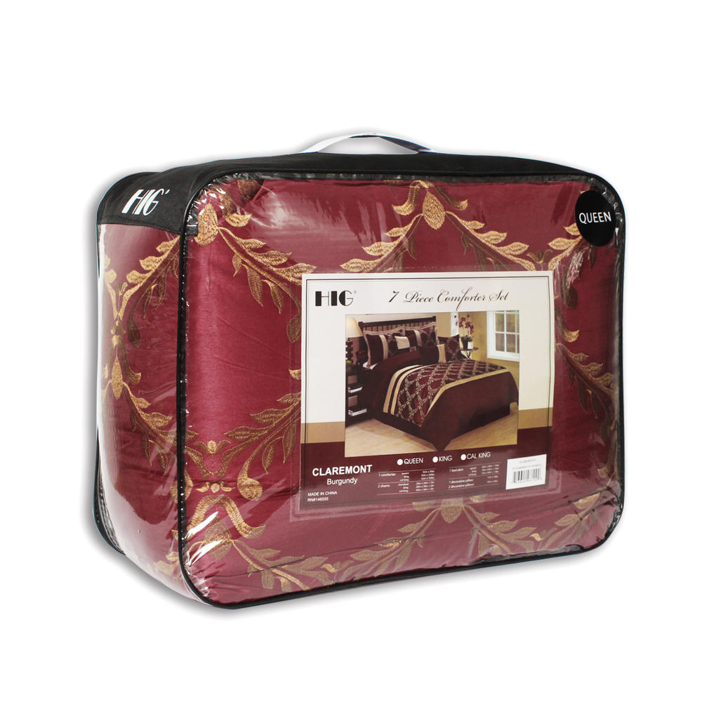 HIG 7 Piece Tafetta Shiny Fabric Embroidered Burgundy Comforter Set Queen King Size