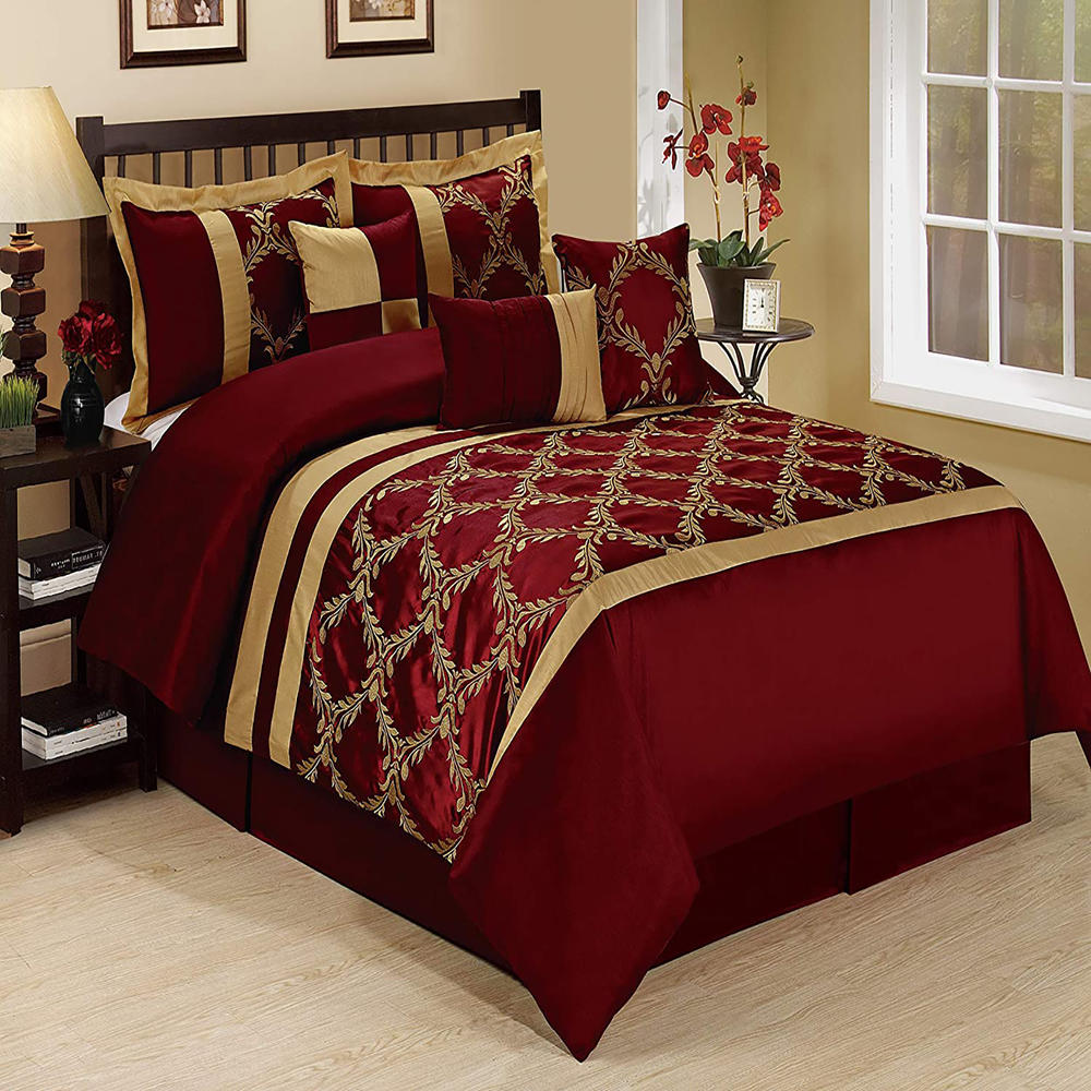 HIG 7 Piece Tafetta Shiny Fabric Embroidered Burgundy Comforter Set Queen King Size