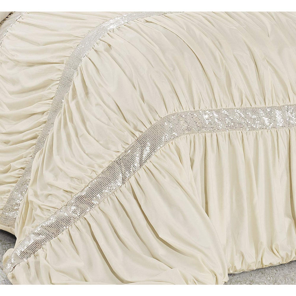 HIG 7 Piece Ivory Ruched Pleat Comforter Set Sequins Embroidered Design