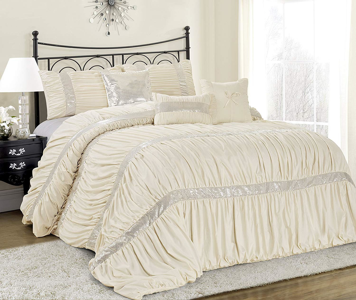 HIG 7 Piece Ivory Ruched Pleat Comforter Set Sequins Embroidered Design