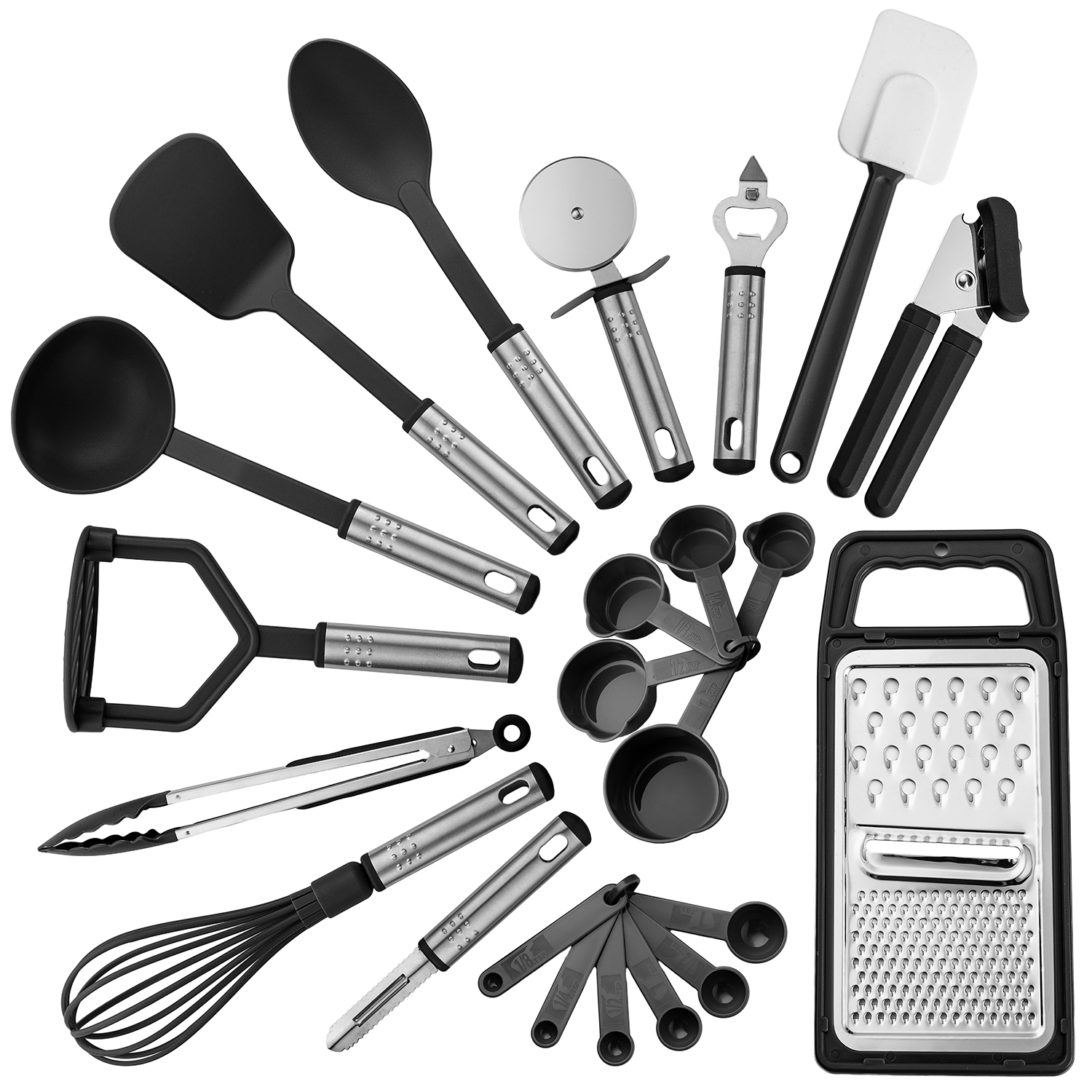 Lux Decor Collection 23 Piece Kitchen Utensil Set Nonstick Heat Resistant Stainless Steel & Nylon Cooking Items Black and Grey
