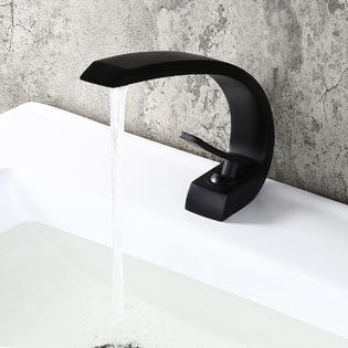 Homary Modern Single Hole 1 Handle C Shaped Curved Spout Bathroom Sink Faucet With Pop Up Drain In Matte Black