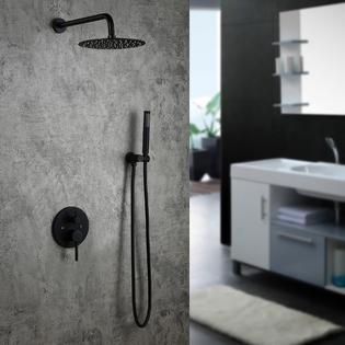 Homary Modern Matte Black Wall Mount Rain Shower Faucet Combo Set With 12 Round Rainfall Shower Head And Handheld Shower Solid Brass