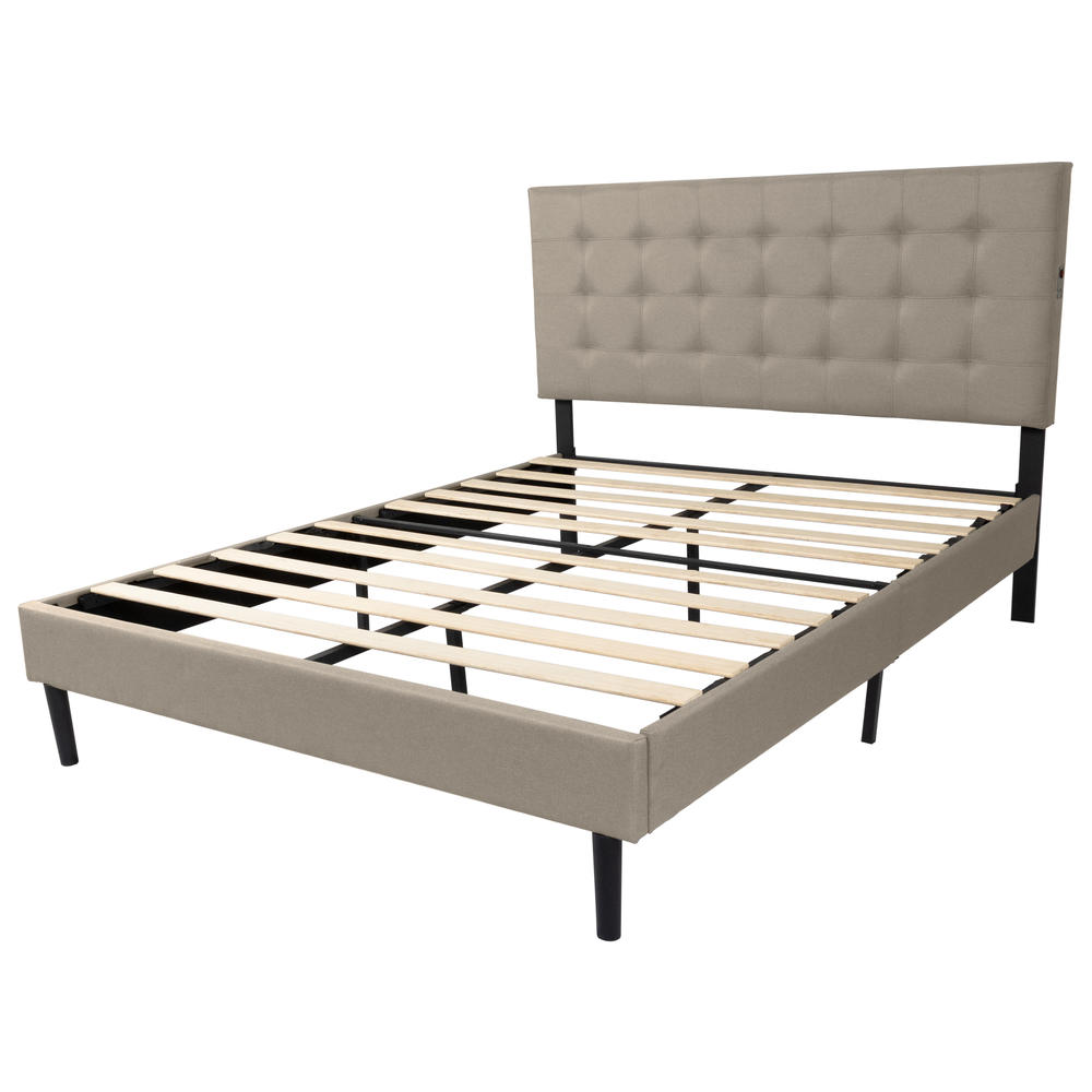 Living Essentials Corp Madison Upholstered Tufted Bed Frame with Wooden Slats, Built-in LED Lights and Standard Power USB