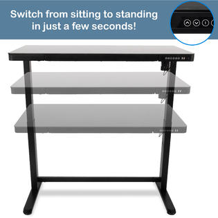 Living Essentials Corp Jefferson Electric Stand Up Desk Table Glass Power Standing Height Adjustable Memory Controller Keypad Back Lift Desk