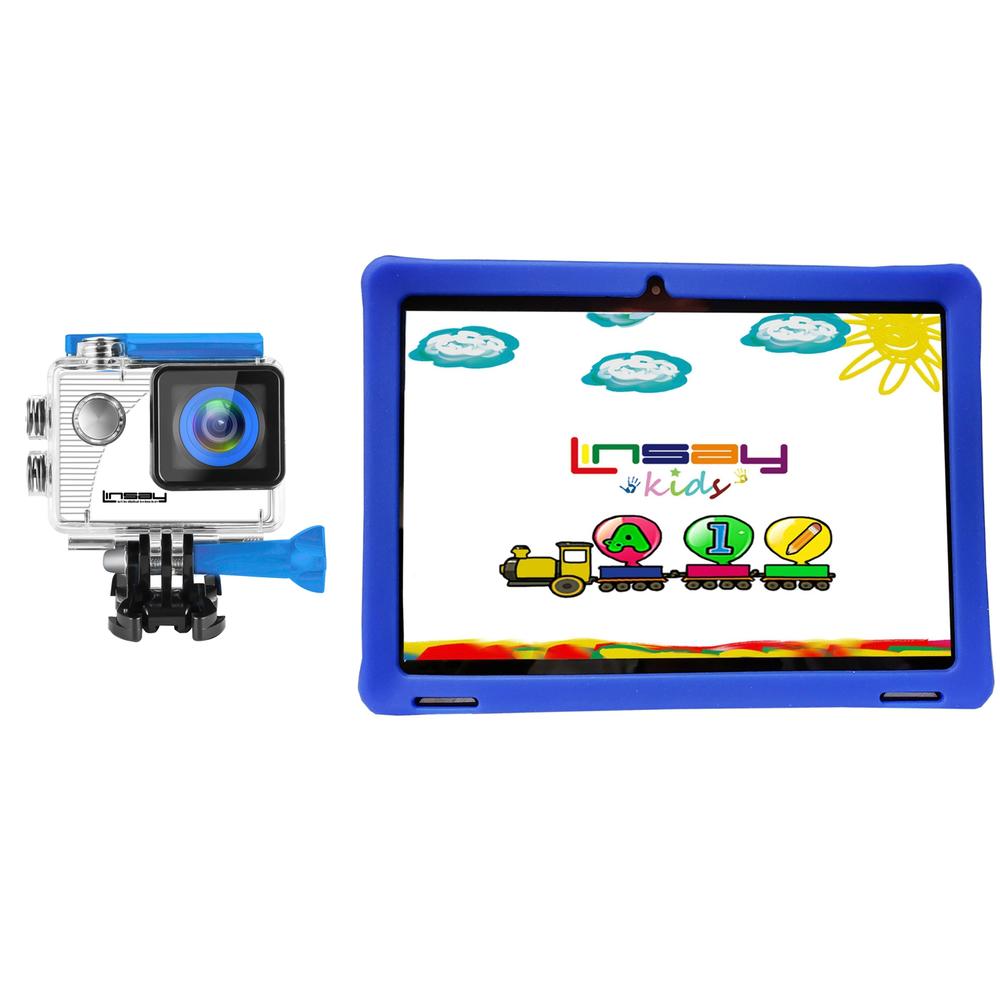 LINSAY 10" IPS 2GB RAM 64GB Android 13 Tablet Bundle with Kids Action Camera Blue