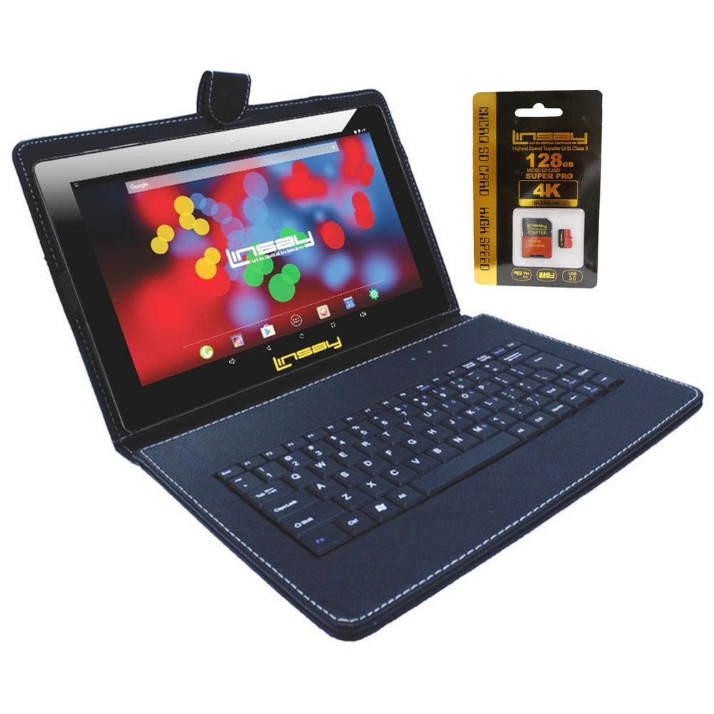 LINSAY 10" IPS 64GB Android 13 Tablet Bundle with Black Keyboard and 128GB Micro SD Card