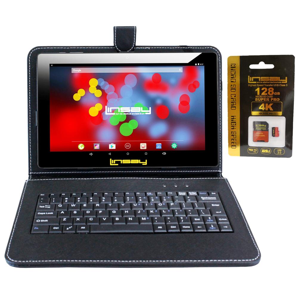 LINSAY 10" IPS 64GB Android 13 Tablet Bundle with Black Keyboard and 128GB Micro SD Card