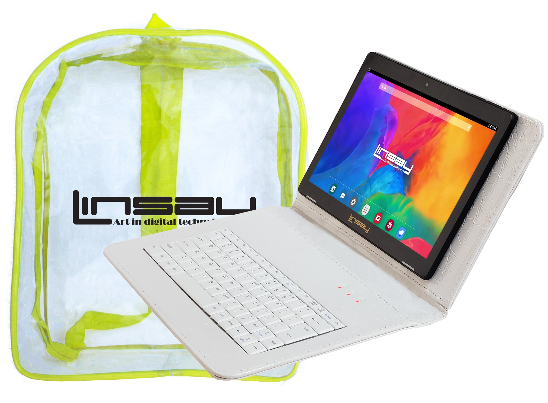 LINSAY 10.1" IPS Screen 2GB RAM 64GB Android 13 Tablet with White Crocodile Keyboard and Back Pack
