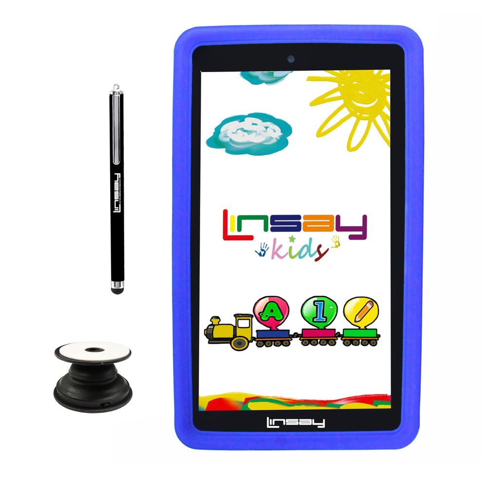 LINSAY 7" Quad Core 2GB RAM 32GB Storage Android 12 Tablet with Blue Kids Defender Case, Backpack, Pop Holder and Pen Stylus