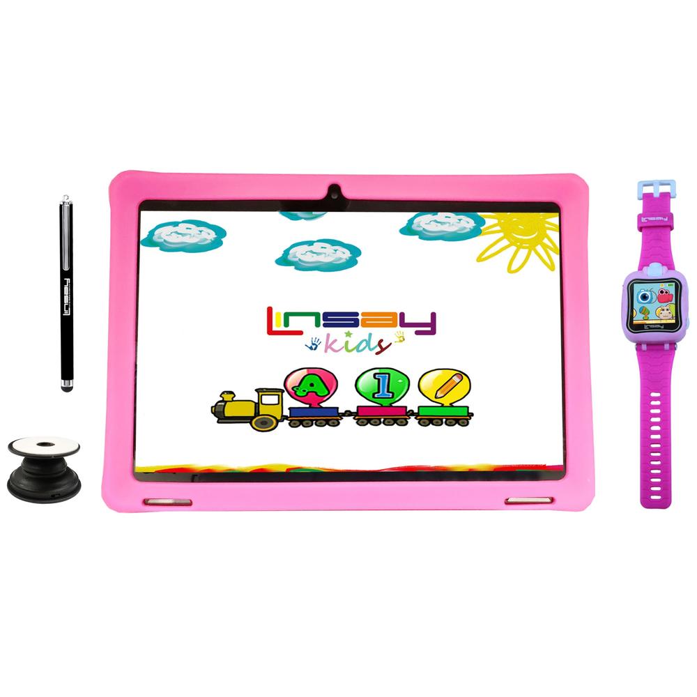 LINSAY 10.1" 1280x800 IPS Screen 2GB RAM Android 13 Tablet 64GB with Kids Pink, Kids Smart Watch, Pop Holder and Pen Stylus