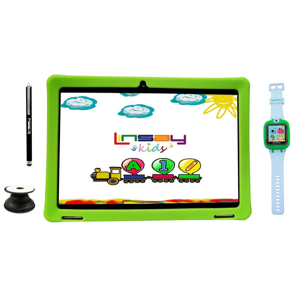 LINSAY 10.1" 1280x800 IPS Screen 2GB RAM Android 13 Tablet 64GB with Kids Green, Kids Smart Watch, Pop Holder and Pen Stylus