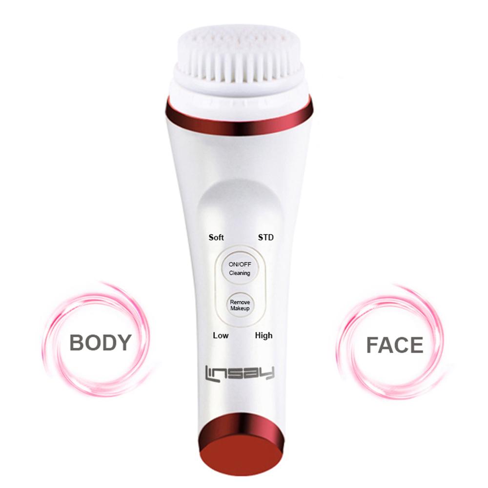 LINSAY UltraSonic Facial & Body cleansing Brush with Temperature control Bundle w Anti Age Serum, USB Cable, Headband and Bag
