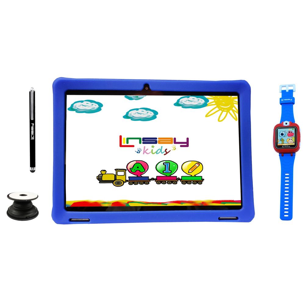 LINSAY 10.1" 1280x800 IPS 64GB Android 13 Tablet with Kids Blue Defender Case, Kids Smart Watch, Pop Holder and Pen Stylus