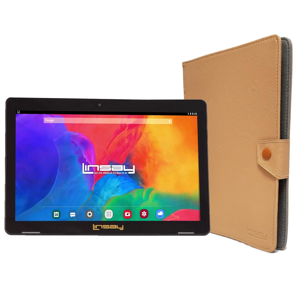 LINSAY 10.1" 1280x800 IPS 64GB Android 13 Tablet with Light Brown Leather Case, Pop Holder and Pen Stylus