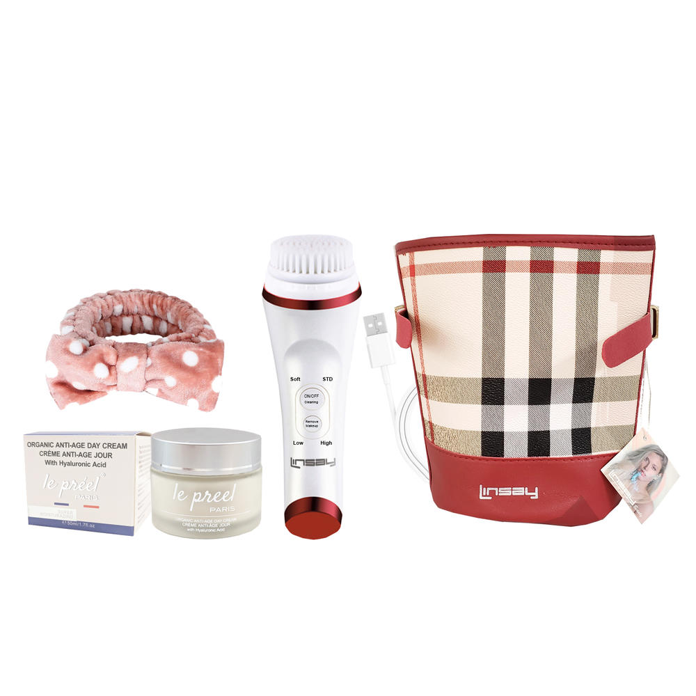 LINSAY UltraSonic Facial & Body cleansing Brush with Temperature control Bundle with le preel Paris Organic Day Time Cream
